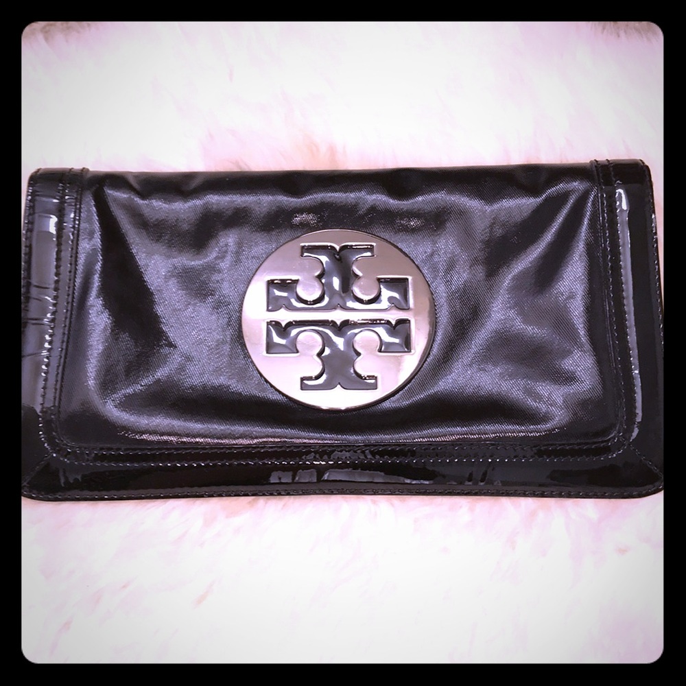 Tory Burch black patent leather clutch